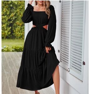 Pink Long Sleeve Cutout Maxi Dress Square Neck size Large Crossover Waist tiered